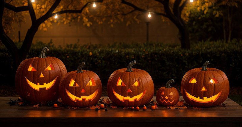 a row of jack o lanterns